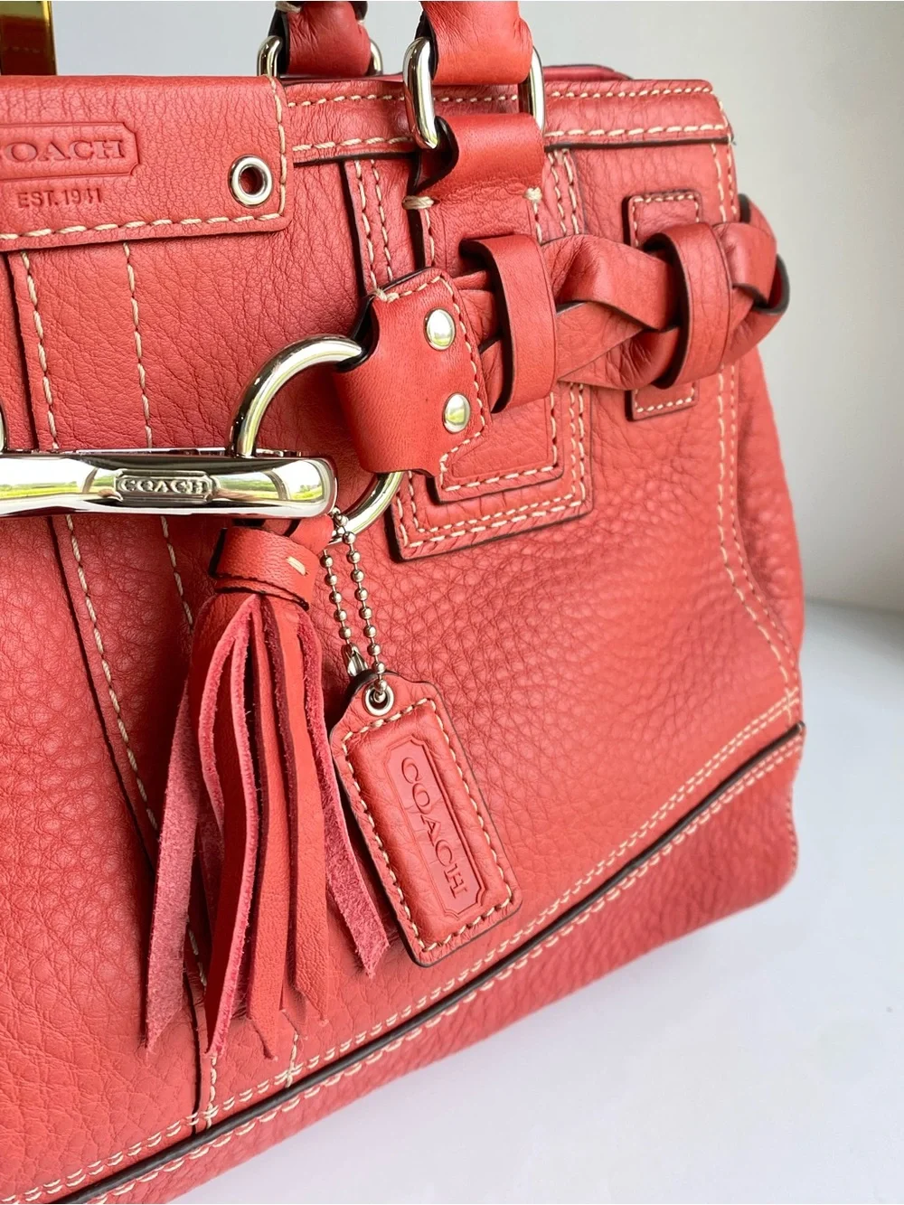 Coach Hamilton Braided Belted Leather Carryall in Coral Salmon